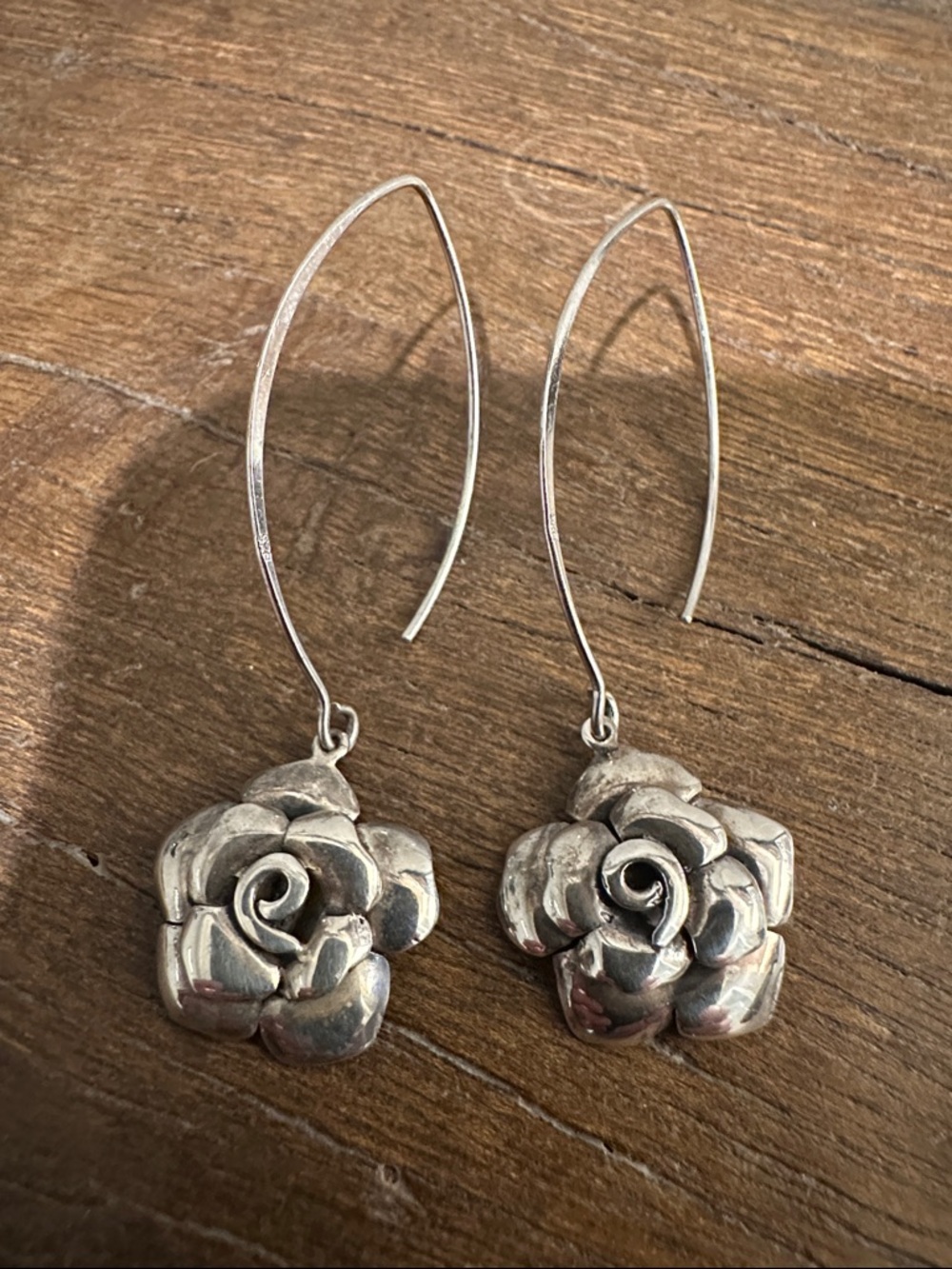 Sterling Silver Rose Drop Earrings - Floral Dangle in Silver